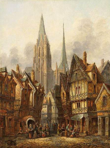 Pieter Cornelis Dommersen A gothic cathedral in a medieval city